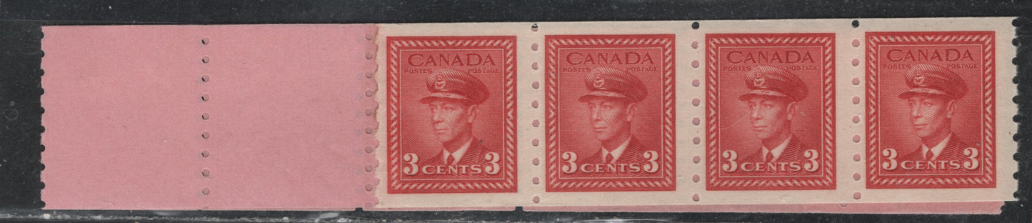 Lot 387 Canada (C) #265 3c Bright Carmine Red , 1942-1943 KGVI War Issue, A VG/FNH Full Coil Start Strip Of 4+10 Tabs, CBN-PPPPPP Paper, Third Stamp In The Strip Does Have A Diagonal Gum Crease
