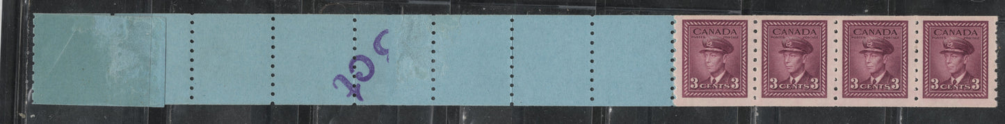 Lot 388 Canada (C) #266 3c Rosy Plum , 1942-1943 KGVI War Issue, A FNH Full Strip Of 4 Plus 9 Tabs, Couple of Light Thins On Labels From Where The Roll Was Sealed, Very Scarce