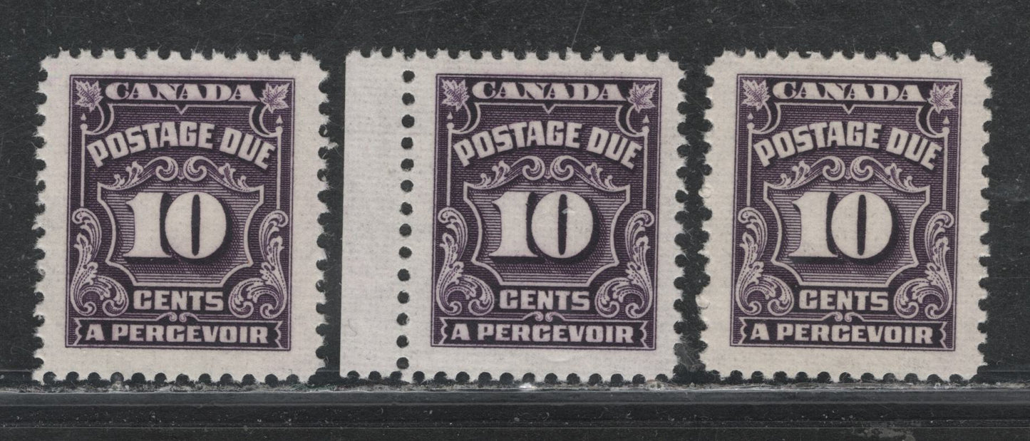 Lot 389 Canada SC#J20var 10c Deep Rose Lilac Numeral, 1935-1967 Fourth Postage Due Issue, 3 VFNH Singles On Scarcer Unlisted LF Papers (CBNE-S, and CBNE-K), Perf. 12 x 11.9, 11.9 and 11.8 x 12
