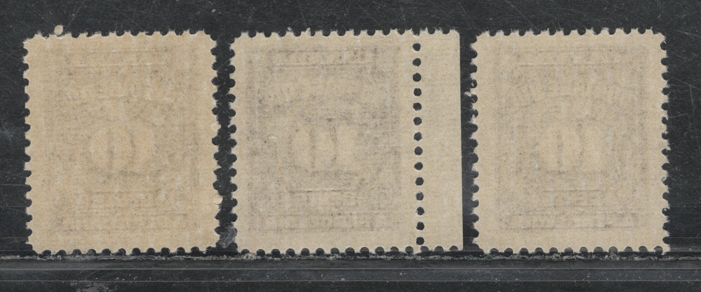 Lot 389 Canada SC#J20var 10c Deep Rose Lilac Numeral, 1935-1967 Fourth Postage Due Issue, 3 VFNH Singles On Scarcer Unlisted LF Papers (CBNE-S, and CBNE-K), Perf. 12 x 11.9, 11.9 and 11.8 x 12