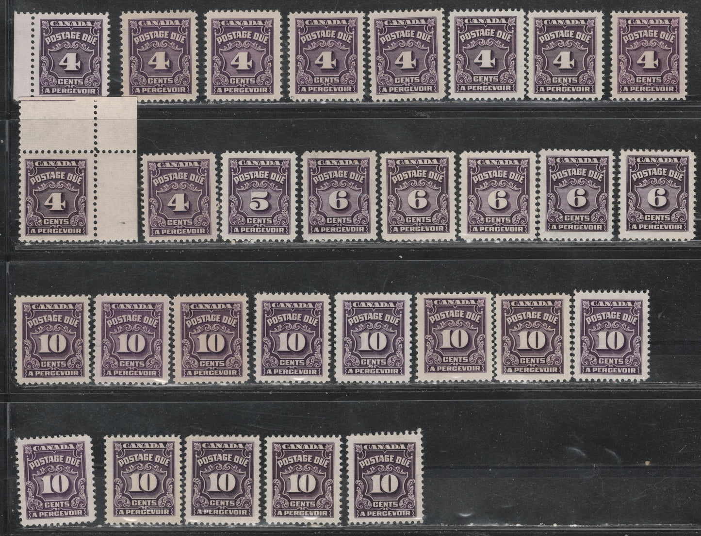 Lot 394 Canada (C) SC#J17/J20b 4c-10c Violet Shades, Deep Rose Lilac, 1935-1967 Fourth Postage Due Issue, 29 VFNH Singles On A Variety of DF Papers, Varying In Fluorescence From 1-2, All Different From The 4-10c Stamps in Other Lots