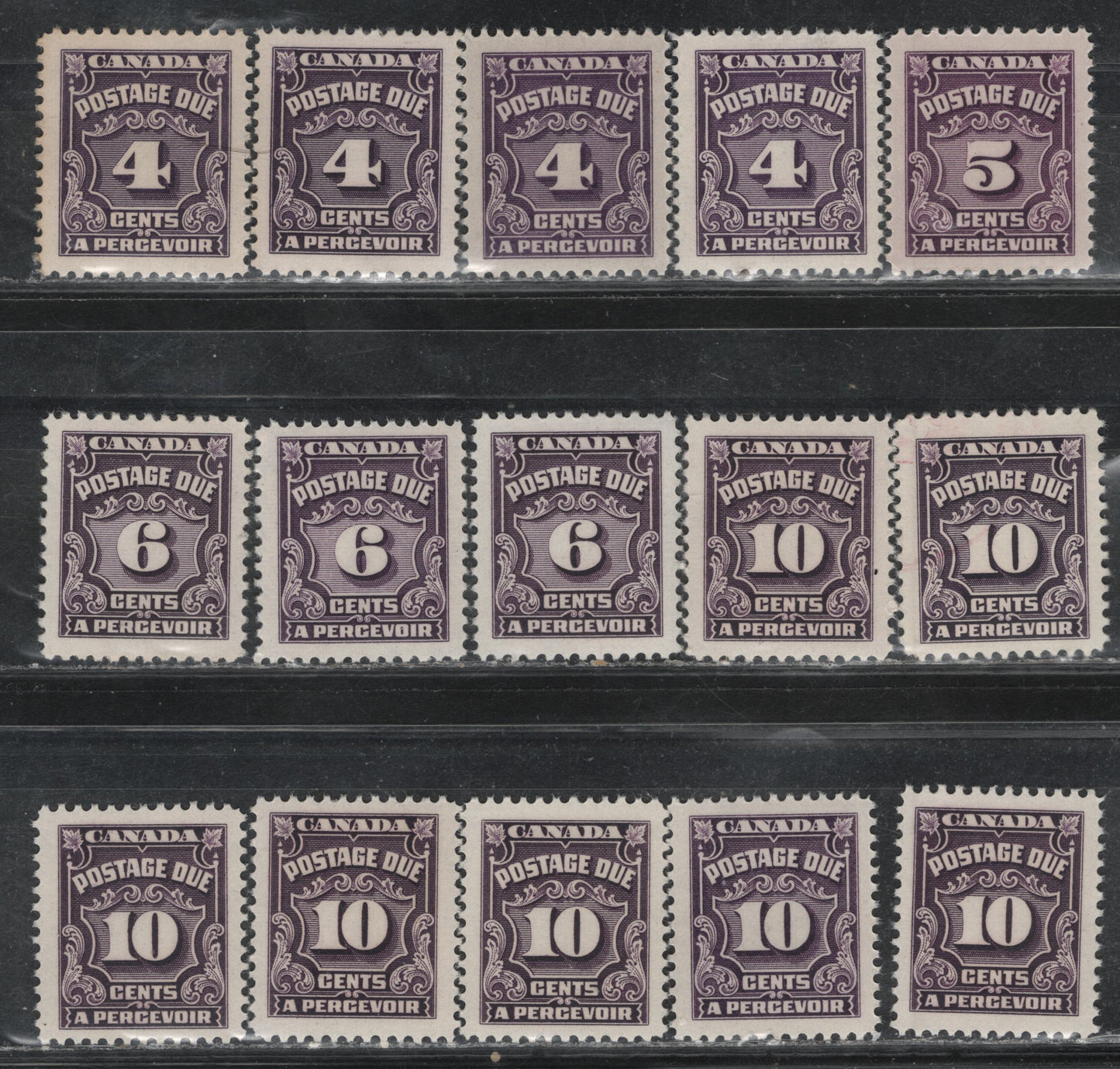 Lot 395 Canada (C) SC#J17/J20 4c-10c Violet Shades, Deep Rose Lilac 15 VFNH Singles On A Variety of DF Papers, Varying In Fluorescence From 1-2, Unchecked As To Exact Perfs, All Different From The 4-10c Stamps in Other Lots