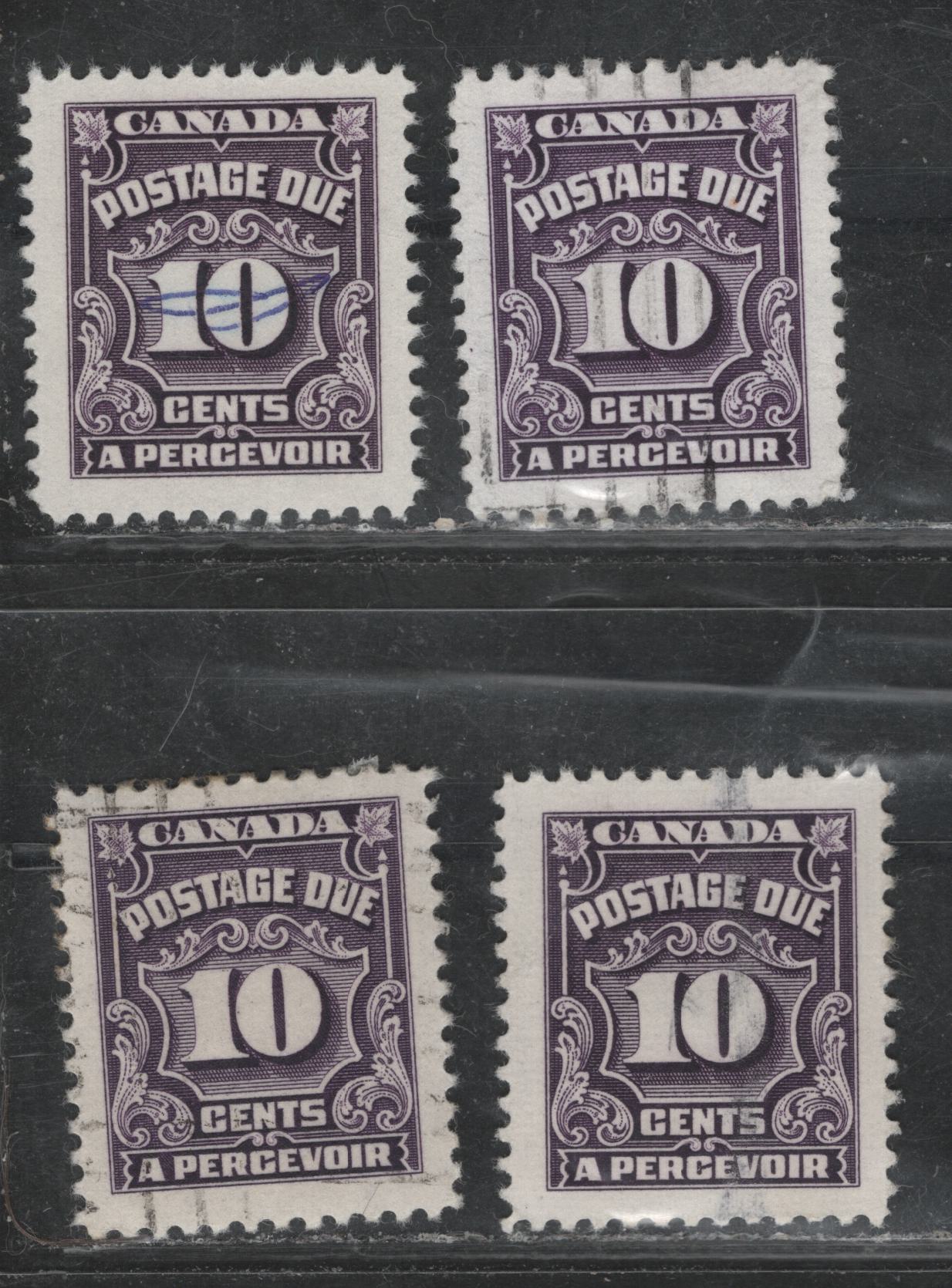 Lot 397 Canada SC#J20var 10c Deep Rose Lilac & Violet Shades Numeral, 1935-1967 Fourth Postage Due Issue, 4 VF Used Singles On Different Scarcer LF Papers