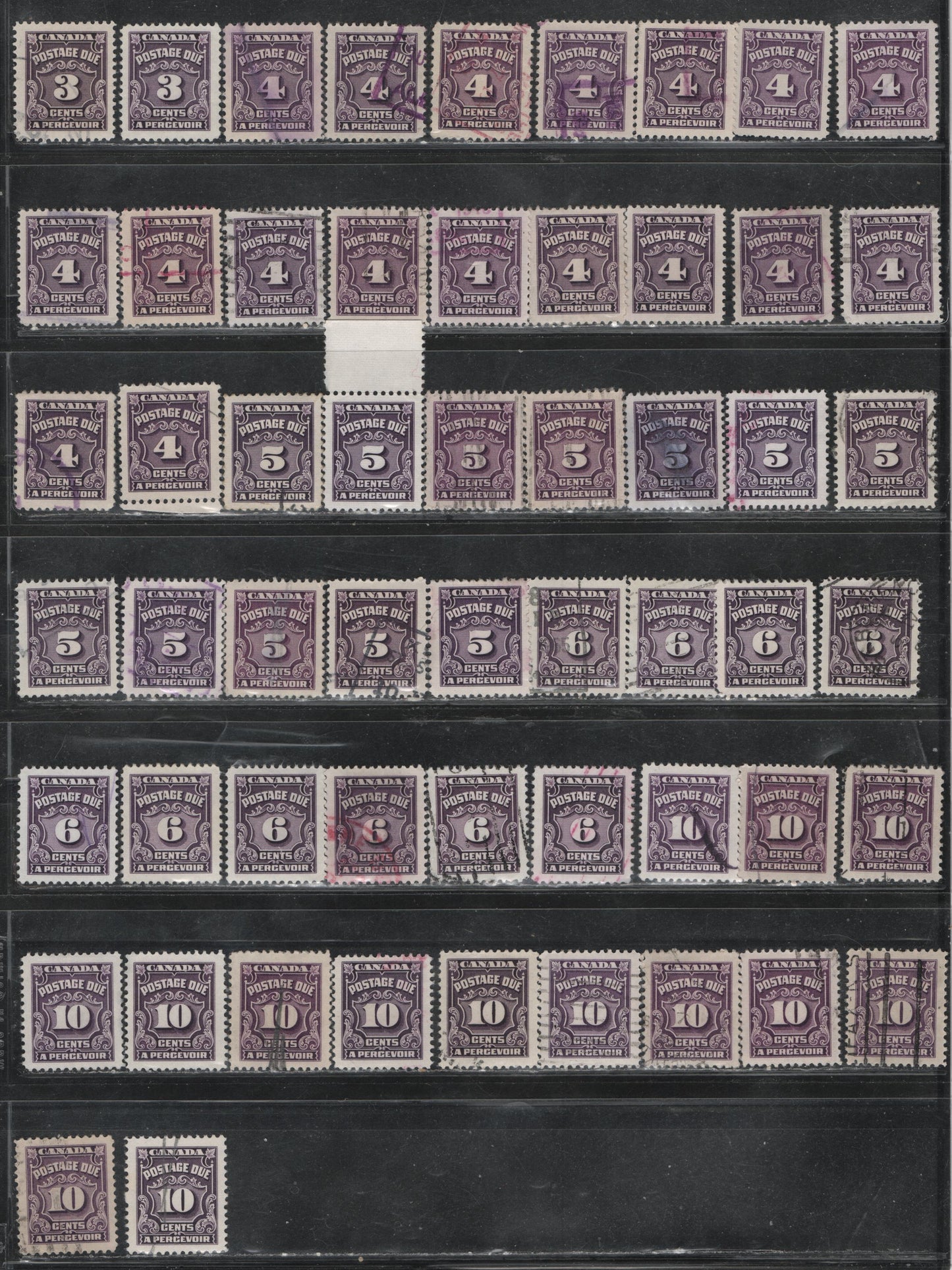 Lot 399 Canada SC#J16B/J20b 3c-10c  Violet Shades, Deep Rose Lilac Shades 56 VF Used Singles Showing the FULL Range Of Shades & Paper Types On Which These Stamps Were Printed, Including Red Violet Shades