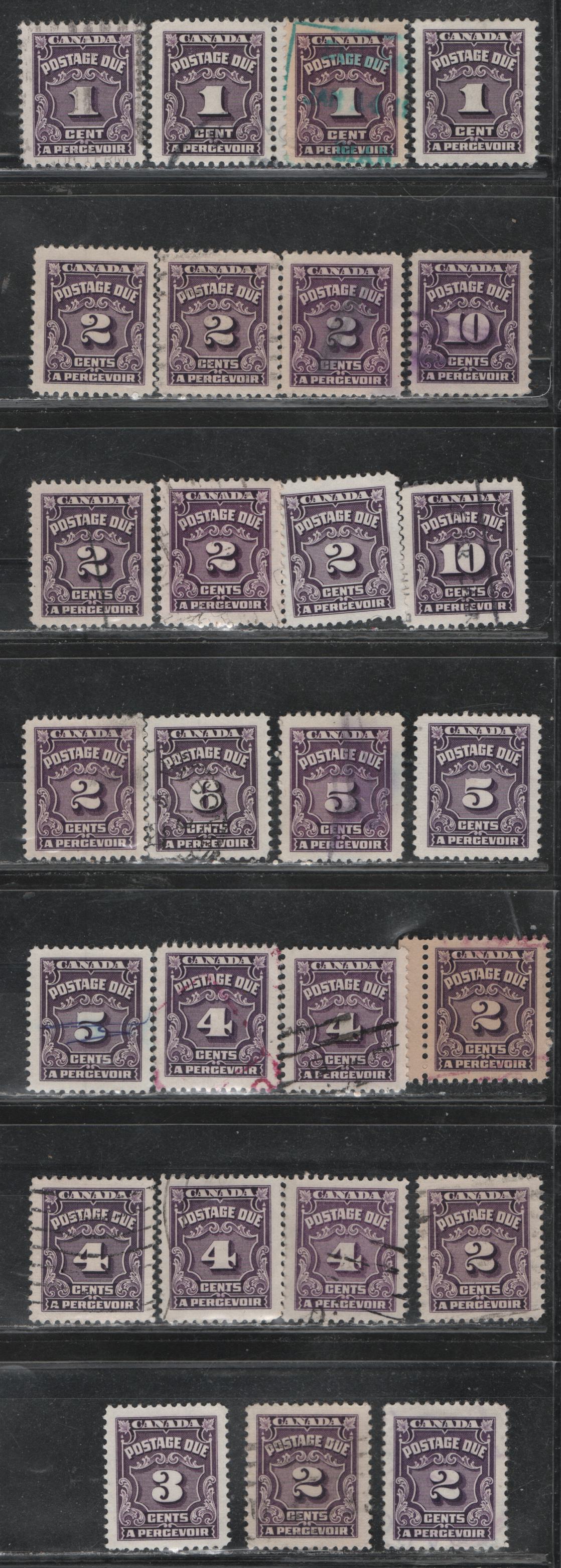 Lot 400 Canada SC#J15/J18a 1c-10c Violet Shades, Deep Rose Lilac Shades 27 VF Used Singles Showing the A Wide Range Of Shades & Paper Types On Which These Stamps Were Printed, Including Red Violet Shades, Includes The 2c on Scarce CBN-WWWWWWW Toned Paper