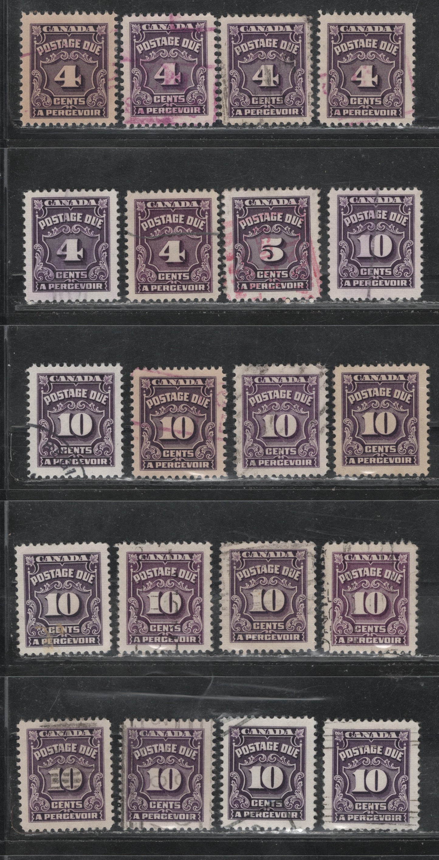 Lot 401 Canada SC#J17/J20 4c, 5c, 10c Violet Shades, Deep Rose Lilac, Blackish Lilac 20 VF Used Singles Showing the A Wide Range Of Shades & Papers, Including Red Violet Shades, Includes The 4c & 10c on Scarce CBN-WWWWWWW Toned Paper