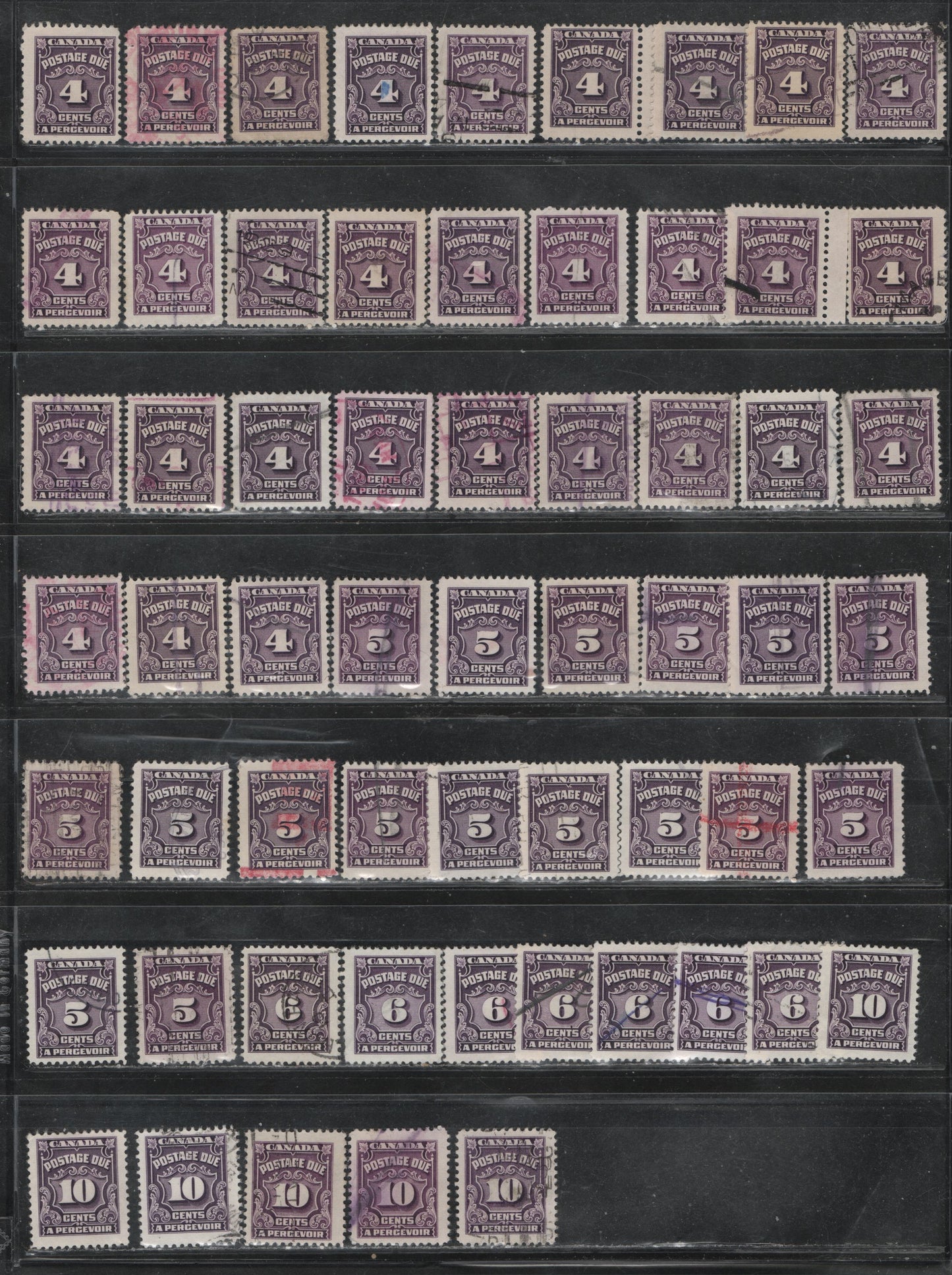 Lot 402 Canada SC#J17/J20b 4c-10c Violet Shades, Deep Rose Lilac, Milky Violet 86 Fine Used Singles Showing the FULL Range Of Shades & Papers On Which These Stamps Were Printed, Including Red Violet Shades & The Scarce CBN-VVVVVVV Toned Paper