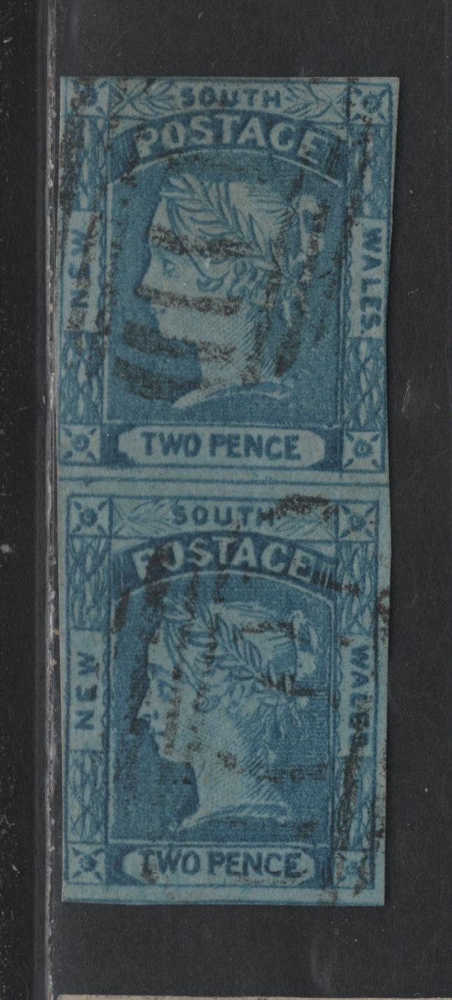 Lot 311 Australia - NSW SG#63 2d Prussian Blue , 1851 Queen Victoria Issue, A Fine Used Imperf Pair, Plate 3, Pos. 11 & 21, Close To Large Margins & Dividing Line Between The Pair.