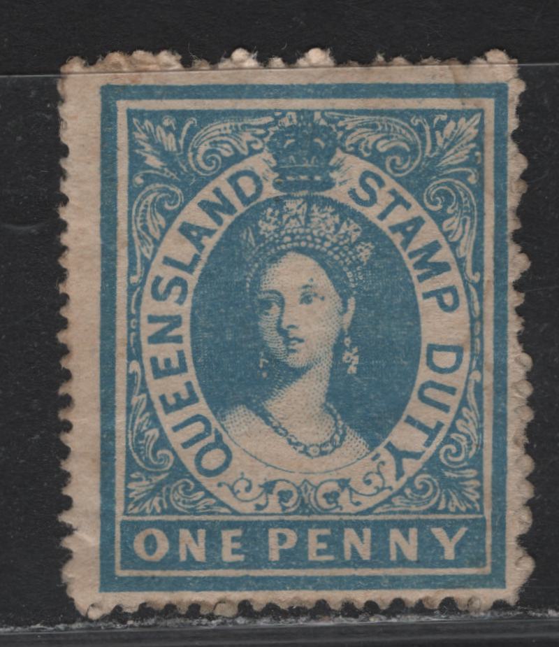Lot 324 Austalia - Queensland SG#F1 1d Blue , 1866-1868 Postal Fiscal Issue, A FOG Single, No Watermark, Perf 13