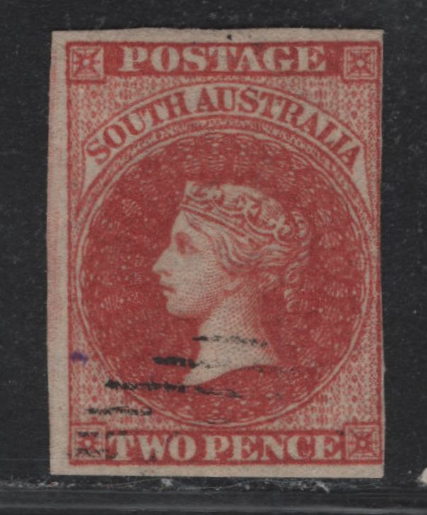 Lot 325 Australia - South Australia SG#9 2d Red , 1856-1858 QueenVictoira Courbould Heads Issue, A Fine Used Single, Large Star Wmk, Local Adelaide Printing, Large Margins on 3 Sides, Light Cancel, Right Margin Just Touching To Just Clear.