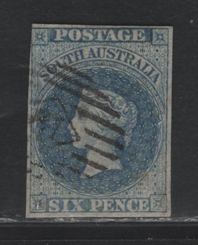Lot 329 Australia - South Australia SG#10 6d Slate Blue , 1856-1858 Courbould Heads Issue, A Fine Used Single, Large Star Wmk, Adelaide Printing, #41 Diamond Grid Numeral Cancel For Gumeracha, 3 Full Margins, Left Margin Just Touching To Clear.