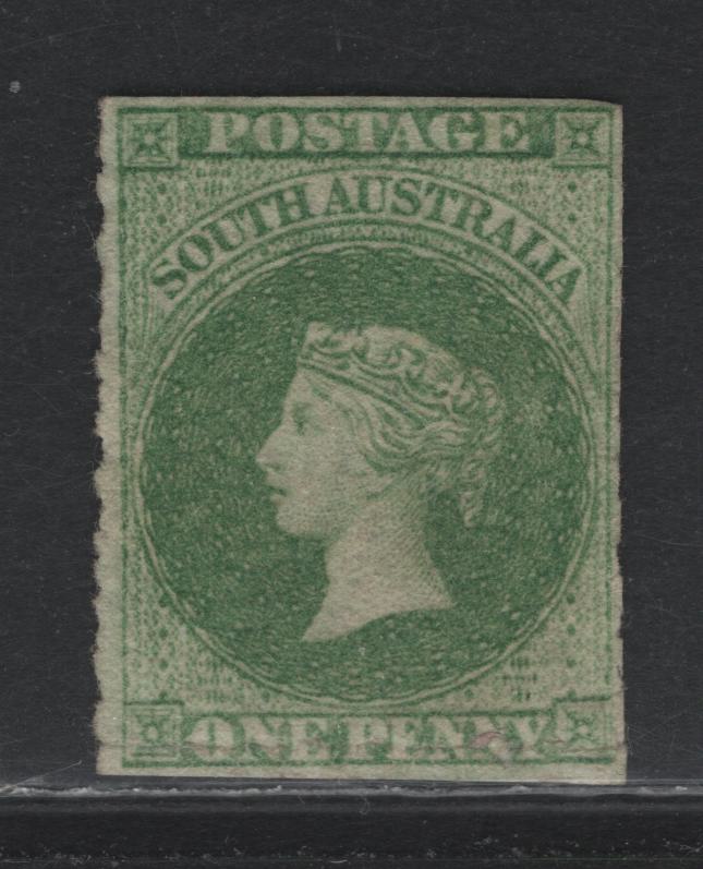 Lot 330 Australia - South Australia SG#13 1d YellowGreen , 1858-1859 Rouletted Courbould Heads Issue, A Very Good Unused Single, Large Star Wmk, First Rouletted Issue, Roulettes Visible on 3 Sides, But Trimmed At Top As Is Normal For This Issue.