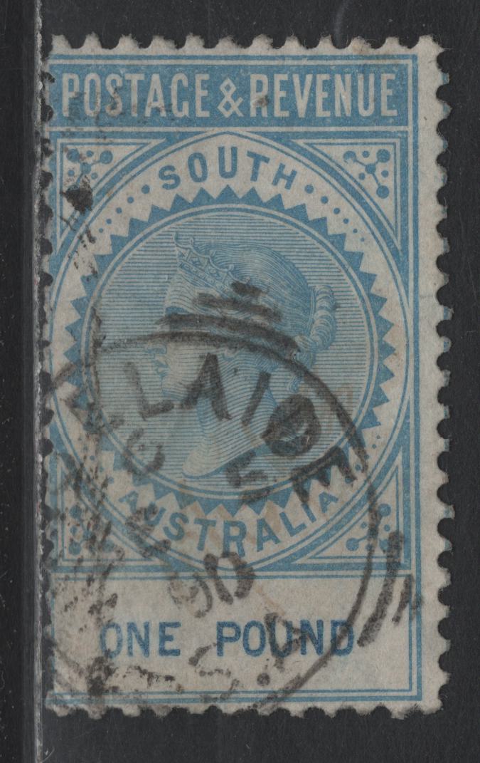Lot 332 Australia - South Australia SG#199 £1 Blue , 1886-1896 Inscribed Postage & Revenue Issue, A Very Good Used Single, Perf 10, Crown Over SA Twice Sideways Wmk, Sept 6 1890 Adelaide Squared Circle Cancel.
