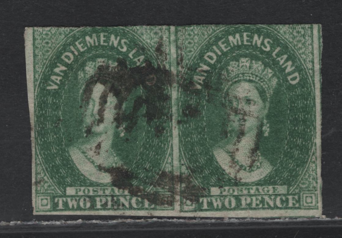 Lot 335 Australia - Tasmania SG#33 2d Deep Green , 1857-1867 Chalon Head Issue, A Very Good Used Pair, Doubled Lined 2 Inverted Wmk, Moderate Grid Cancel, Full Margins On 3 Sides To Jumbo Showing Adjoining Portion of Stamps At UR