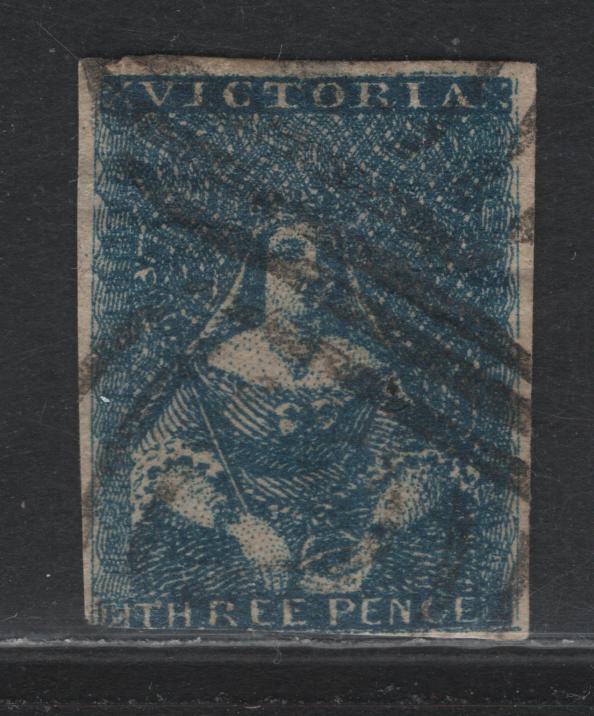 Lot 344 Australia - Victoria SG#11 3d Blue , 1850-1853 Queen Victoria Half Length Issue, A Poor Used Single, Third State Of The Die, Thomas Ham Printing, Some Thinning & Pinhole. 3 Clear Margins Just Cutting In At Bottom.