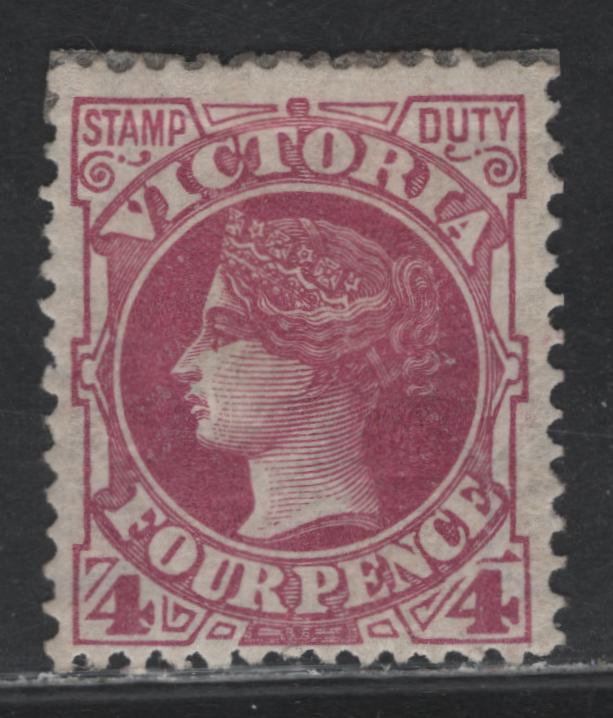 Lot 345 Australia - Victoria SG#300 4d Magenta , 1885-1895 Naish Stamp Duty Issue, A FOG Single, V Over Rounded Crown Wmk, Perf 12.5