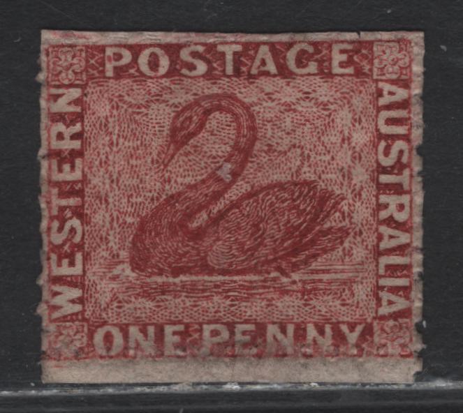 Lot 354 Australia - Western Australia SG#50 1d Lake , 1863-1864 Perkins Bacon Swans Issue, A Fine Unused Single, Unwatermarked, Perf 13, Paper Around Perfs Has Been Trimmed, Leaving All of the Perfs Intact.