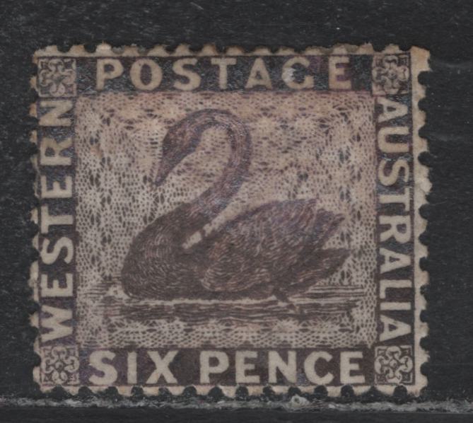 Lot 357 Australia - Western Australia SG#57 6d Violet , 1864-1879 Perkins Bacon Swans Issue, A VFOG Single, Perf 12.5, Crown CC Wmk