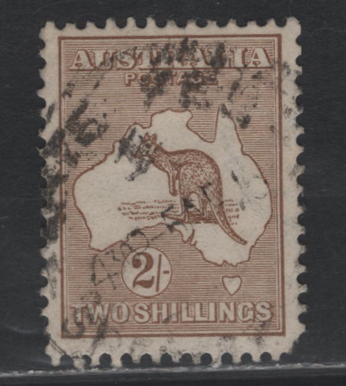 Lot 368 Australia SG#29 2/- Brown , 1915 Kangaroo & Map Issue, A Very Good Used Single, 2nd Wmk, Scarce Printing, Somewhat Smudgy Late Fee Cancel Dated April 5, 2015, Pulled Corner Perf At LR & Two Creased Perfs At Bottom.