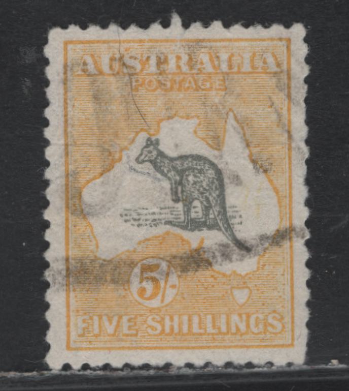 Lot 372 Australia SG#42 5/- Gray & Yellow , 1915-1927 Kangaroo & Map Issue, A Fine Used Single, Third Wmk (Narrow Crown Over A), Well Centered Example With Light Parcel Cancel, Nearly Even Perfs, A Curved Crease Running Along The Watermark.