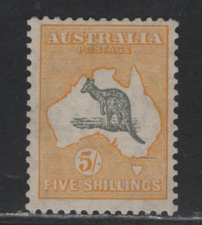 Lot 374 Australia SG#111 5/- Gray & Yellow , 1929-1930 Kangaroo & Map Issue, A FOG Single, Small Multiple Wmk