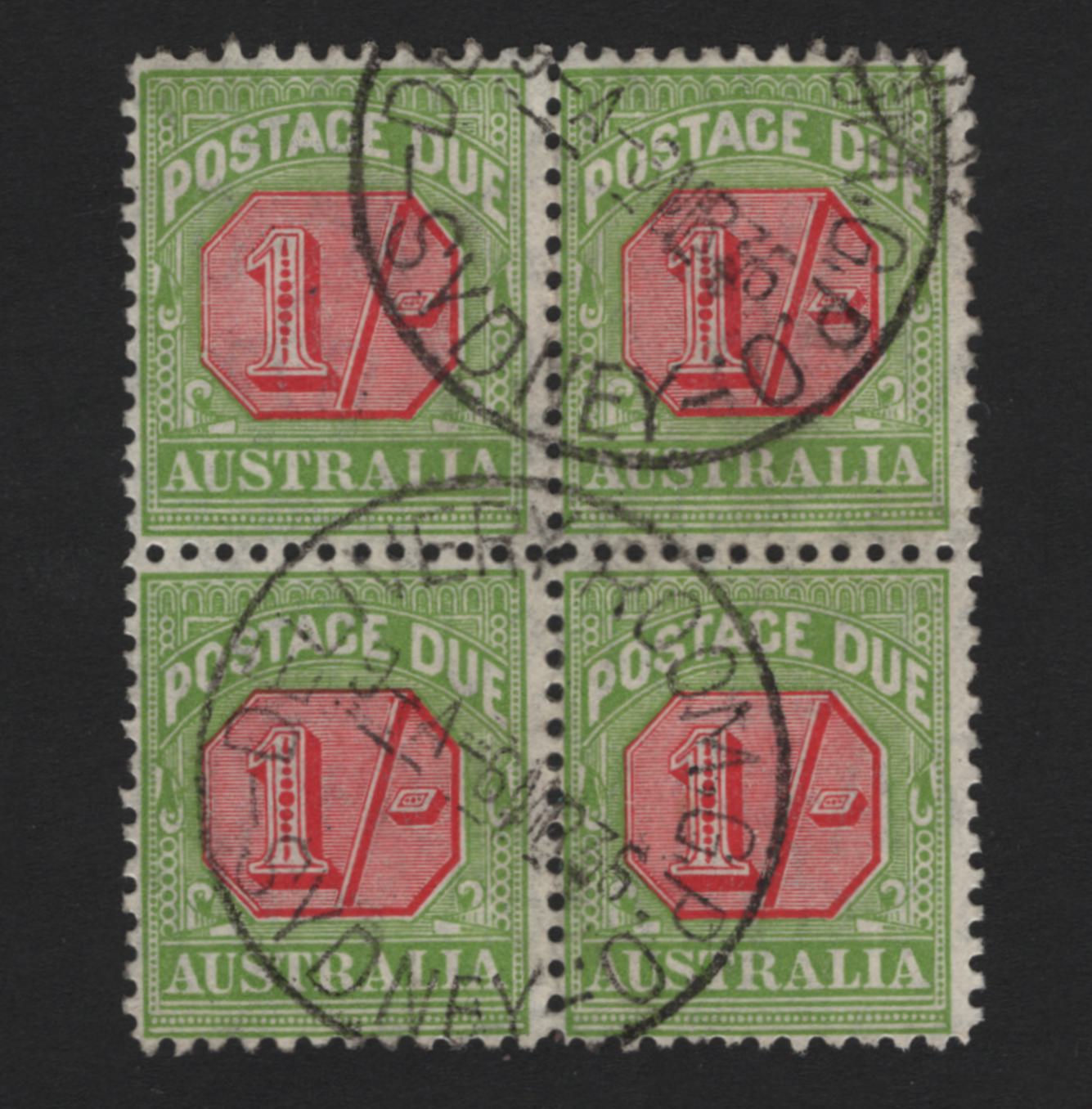 Lot 381 Australia SG#D111 1/- Carmine & Pale Yellow Green , 1931-1936 Postage Dues, A Fine Used Single, C of A Wmk, Perf 11, Scarce Postally Used March 6 1936 Sydney Delivery Room CDS Cancel.