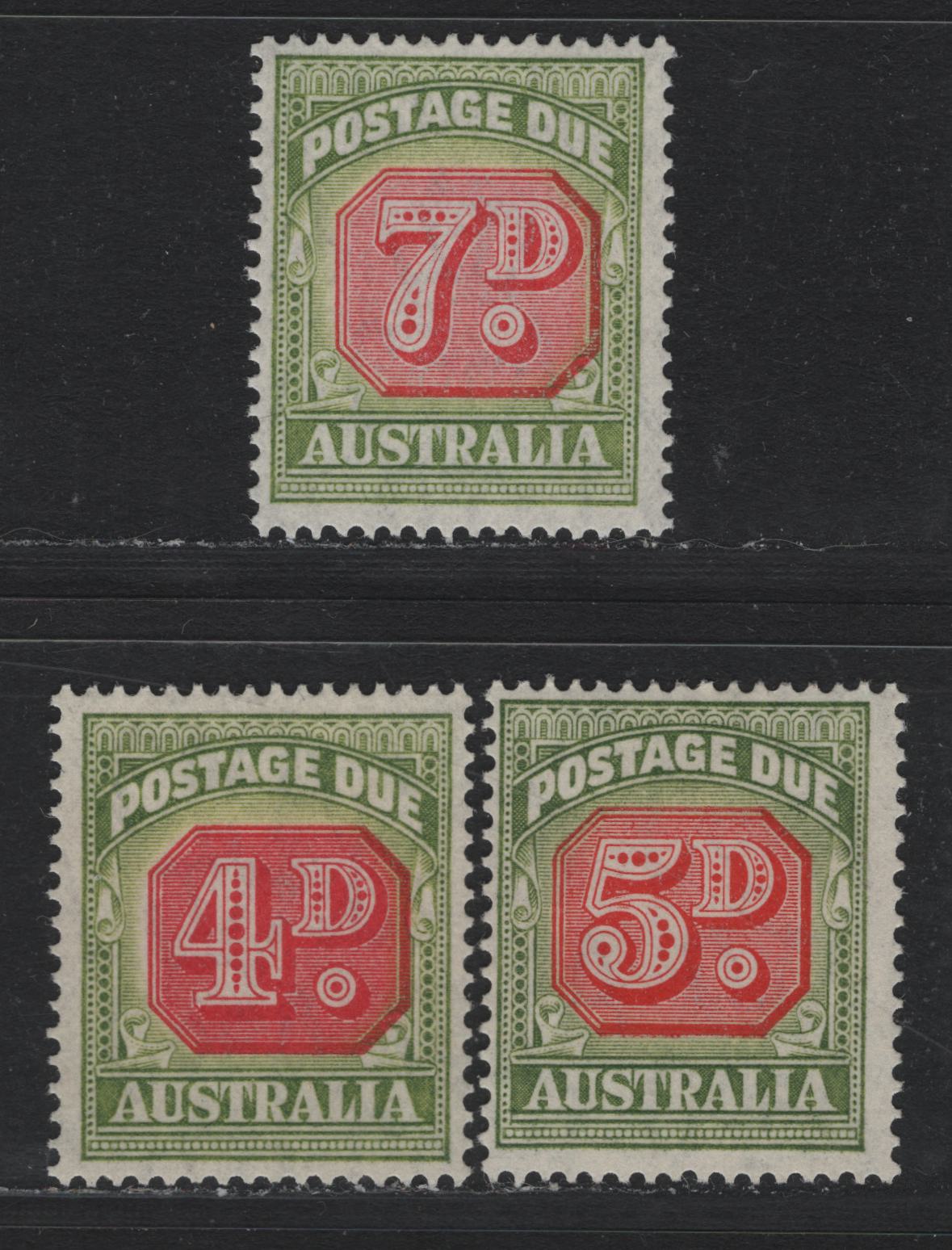 Lot 386 Australia SG#D123-D124, D126 4d - 7d Scarlet & Yellow Green , 1946-1957 Postage Dues, 3 F/VFOG Singles, Redrawn Die, C of A Wmk