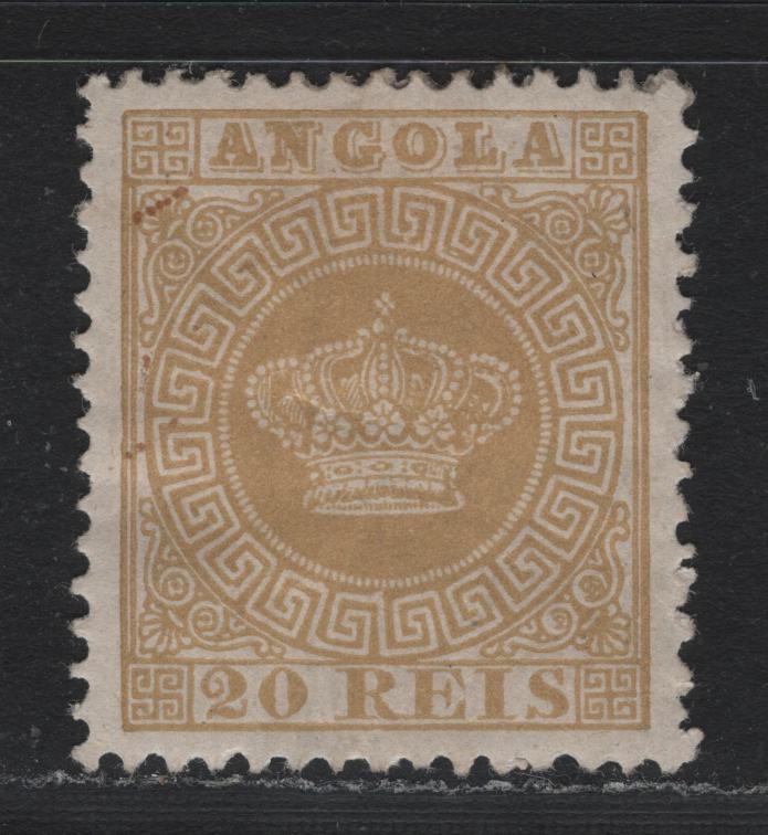 Lot 387 Angola SC#3c 20r Bistre , 1870-1877 Portuguese Crown Issue, A VFOG Single, Pef 12.5, Thick Paper, Heavy Hinge Remnant.