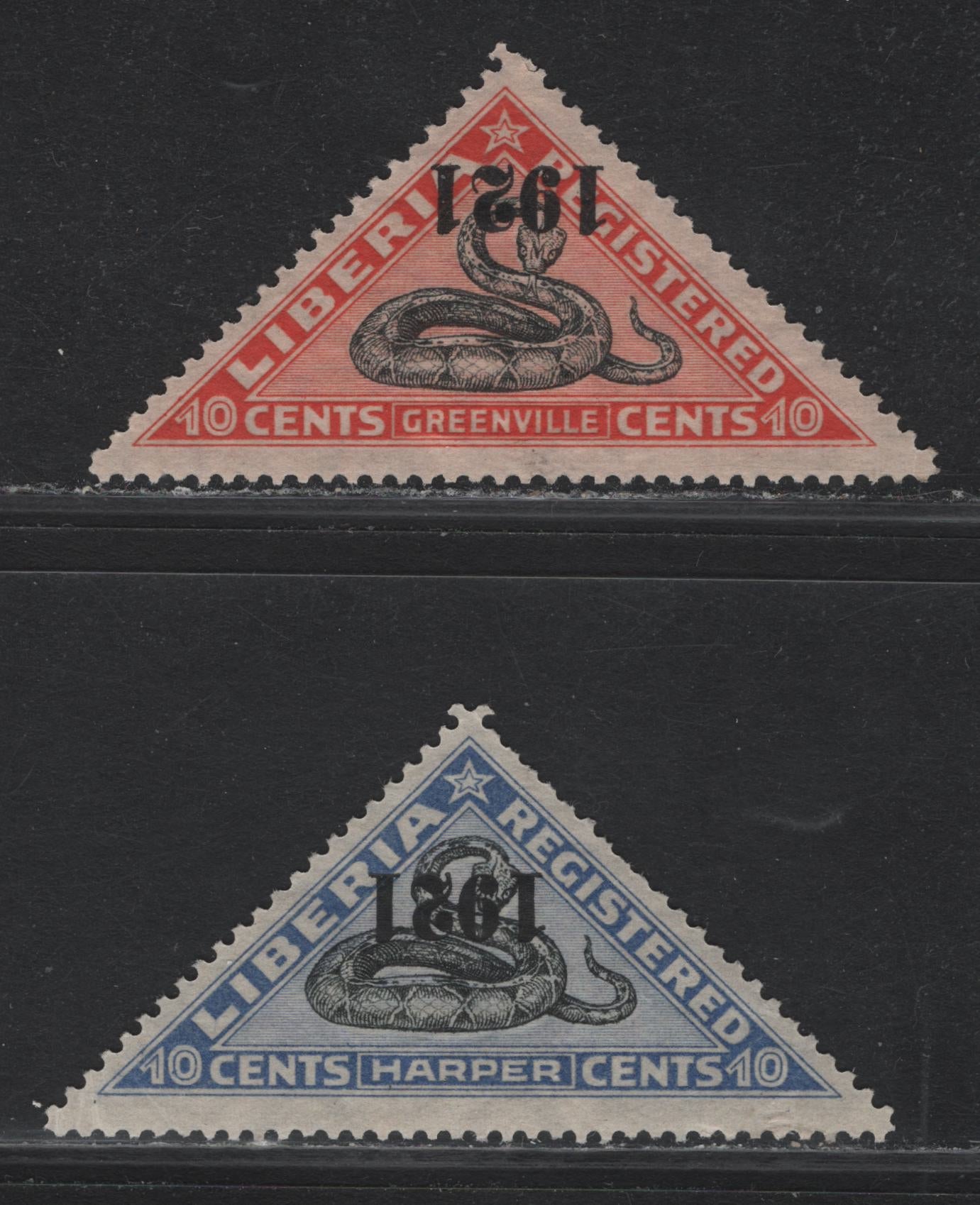 Lot 398 Liberia SC#F26-F27 10c Red & Black - Ultramarine & Black , 1921 Gabon Viper Registration Issue, 2 F/VFOG Singles, Inverted Overprint