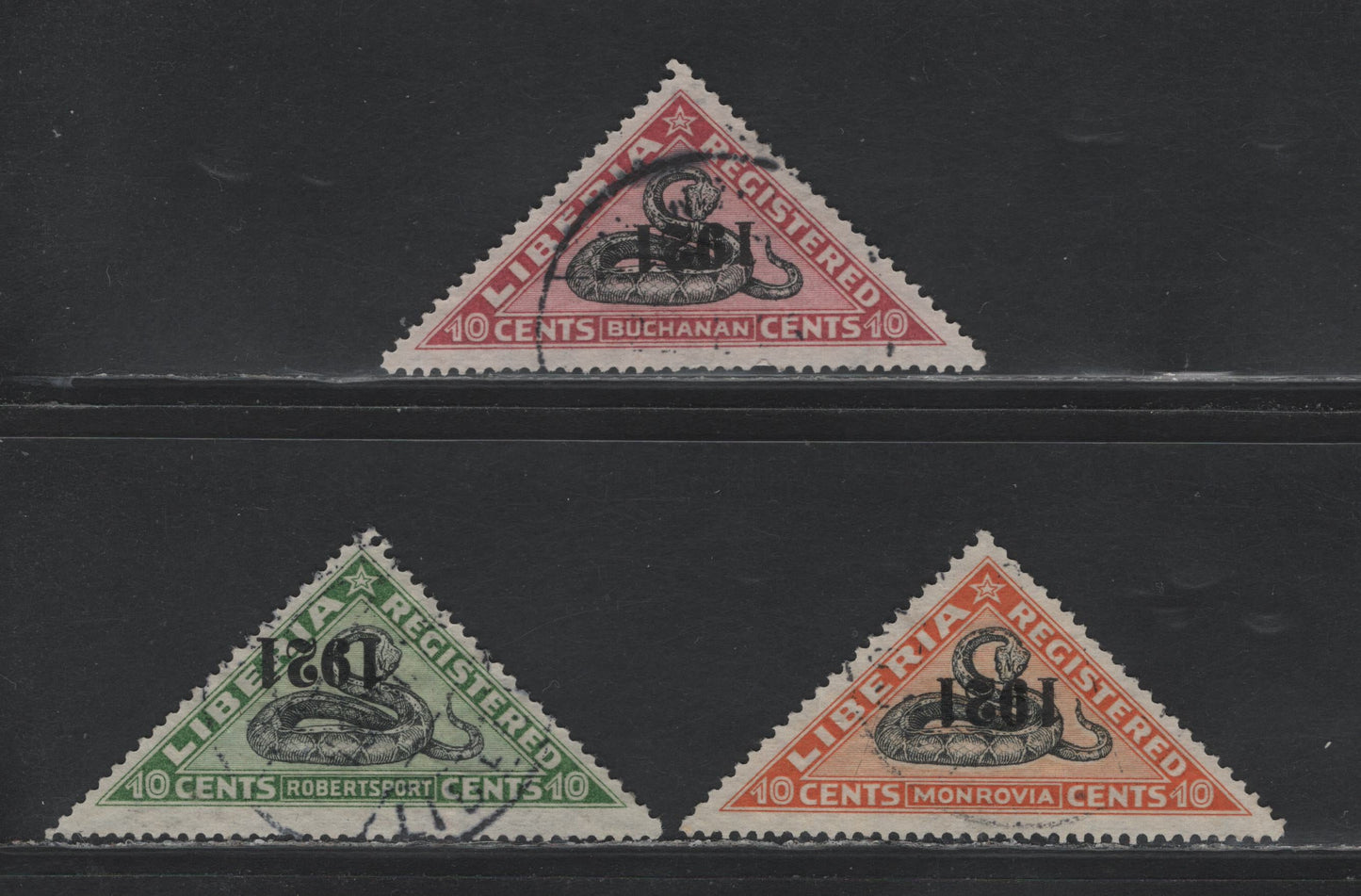 Lot 399 Liberia SC#F25, F28-F29 10c Claret & Black - Green & Black , 1921 Gabon Viper Registration Issue, 3 Very Fine Used Singles, Inverted Overprints