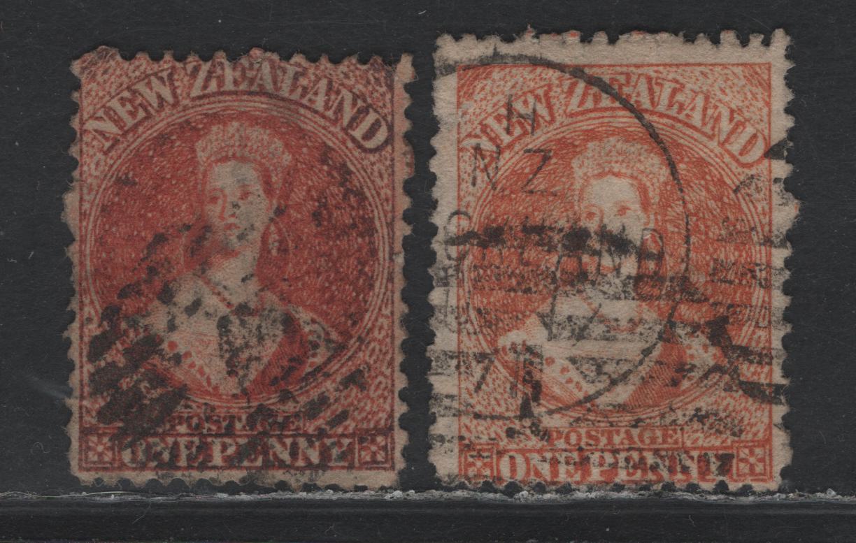 Lot 301 New Zealand SG#111, 112 1d Pale Orange Vermillion - Orange , 1864-1871 Chalon Heads Issue, 2 Fair/Very Good Used Singles, Large Star Wmk, Comb & Line Perf 12.5, Auckland Printings, Small Thin & Corner Crease, Two Corner Creases On The Other.