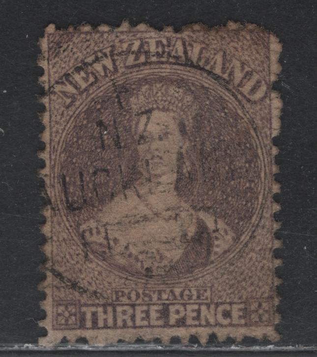 Lot 304 New Zealand SG#116 3d Brown Lilac , 1864-1871 Chalon Heads Issue, A Very Fine used Single, Line Perf 12.5, Nice, Light Auckland Cancel, Large Star Wmk, Dunedin Cancel.