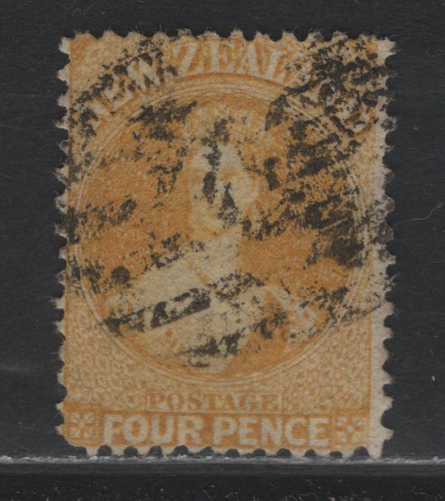Lot 306 New Zealand SG#120 4d Ochre Yellow , 1864-1871 Chalon Heads Issue, A Fine Used Single, Large Star Wmk, Comb Perf 12.5, Very Fine Centering For This Issue.
