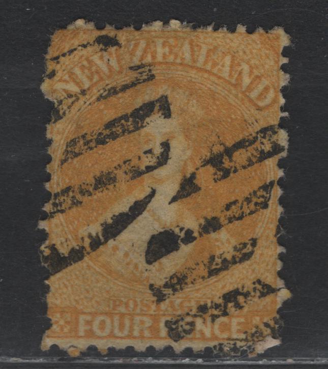 Lot 307 New Zealand SG#120 4d Dull Golden Yellow , 1864-1871 Chalon Heads Issue, A Fine Used Single, Large Star Wmk, Line Perf 12.5, Very Fine Centering For This Issue.