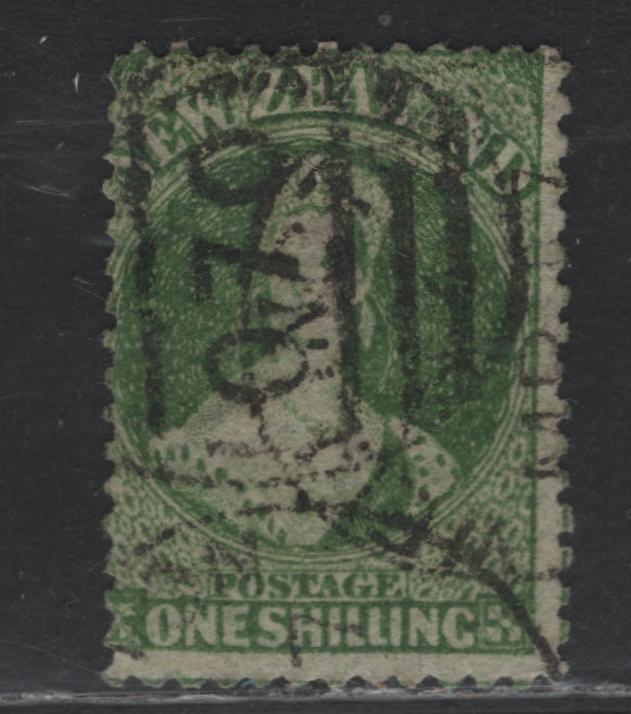 Lot 308 New Zealand SG#123 1/- Deep Green , 1864-1871 Chalon Heads Issue, A Good Used Single, Comb Perf 12.5, Large Star Wmk, Auckland Centering, Auckland Duplex Cancel, Small Tear Above Z Of Zealand.