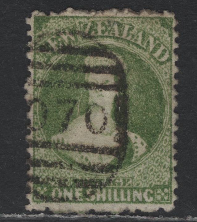 Lot 310 New Zealand SG#125 1/- Deep Yellow Green , 1864-1871 Chalon Heads Issue, A Very Fine Used Single, Line Perf 12.5, Large Star Wmk, Auckland Printing, VF Centering for this Issue, A Very Nice Example Indeed.