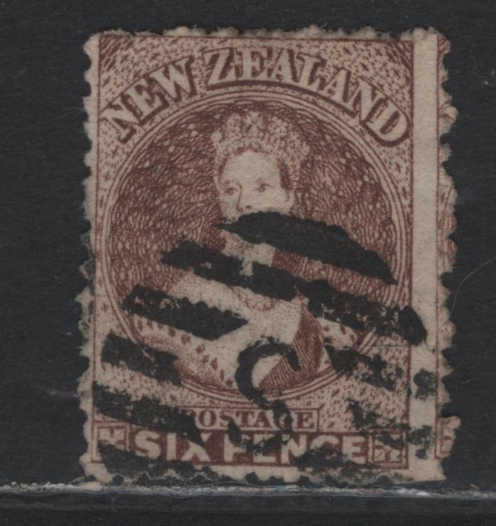 Lot 313 New Zealand SG#122a 6d Brown Lilac , 1864-1871 Chalon Heads Issue, A Fine Used Single, Line Perf 12.5, Large Star Wmk, Auckland Printing, 'S' Southland Grid Cancel, VF Centering.
