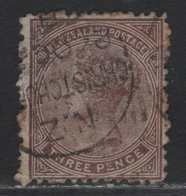 Lot 316 New Zealand SG#154 3d Brown , 1874-1878 First Sideface Issue, A Fine Used Single, Perf 12.5, Horiz. Wove Paper, Christchurch CDS Cancel, Toned Perfs.