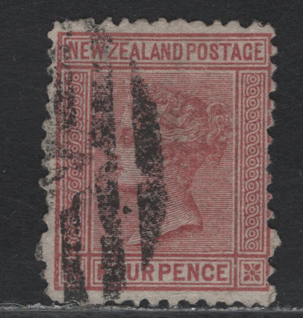 Lot 317 New Zealand SG#155 4d Maroon , 1874-1878 First Sideface Issue, A Fine Used Single, Line Perf 12.5, Auckland Barred Cancel, VF Centering For This Issue.