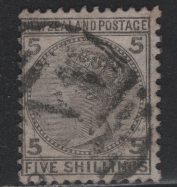 Lot 319 New Zealand SG#186 5/- Gray , 1874-1878 First Sideface Issue, A Fine Used Single, Comb Perf 12x11.5, Fine Centering For This Issue