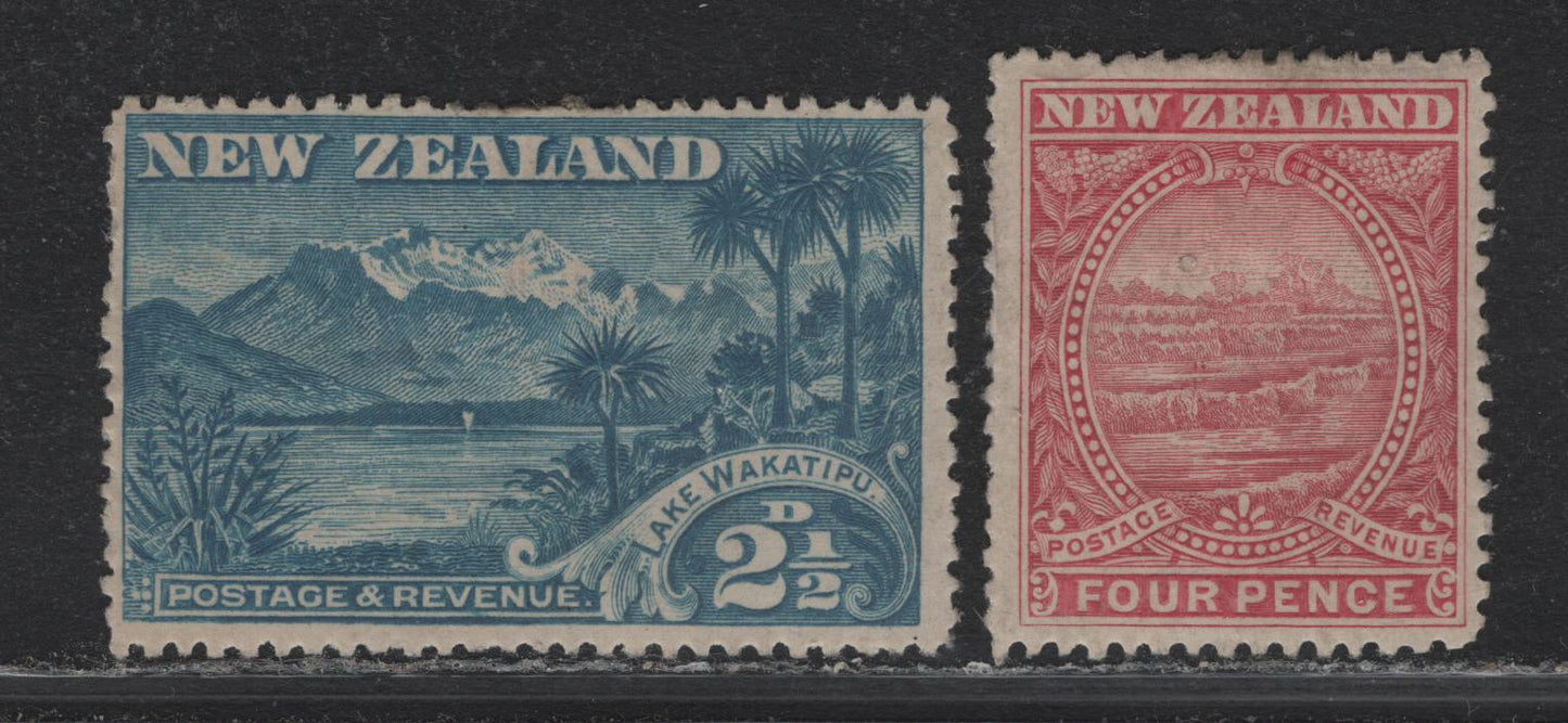 Lot 327 New Zealand SG#250, 252b 2.5d - 4d Blue , 1898 Pictorial Issue, 2 VG/FOG Singles, 2.5d Inscribed 'Wakatipu', Perf 15