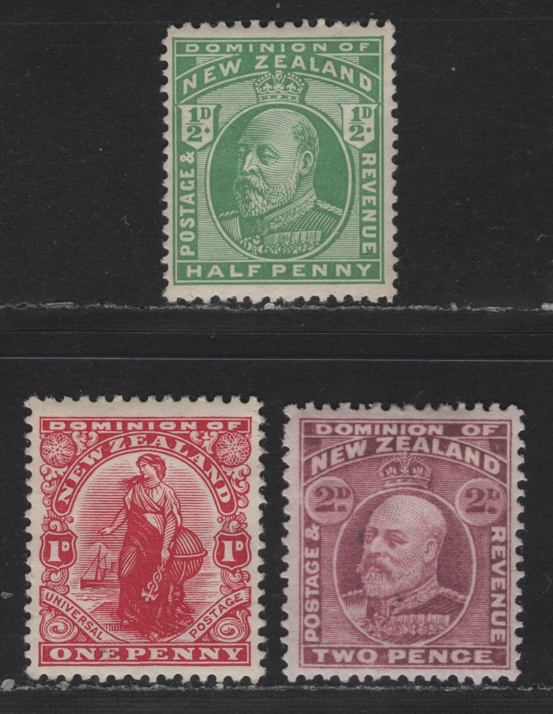 Lot 337 New Zealand SG#387-388, 405 1/2d - 2d Yellow Green - Mauve , 1909-1927 King Edward VII & Unissued Penny Postage Issues, 3 VFOG Singles, De La Rue Cowan Papers, Perfs 14x15 & 14x14.5