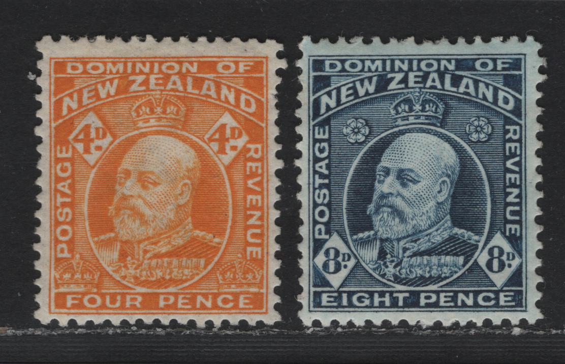 Lot 338 New Zealand SG#390a, 393 4d - 5d Yellow - Indigo Blue , 1909-1916 King Edward VII Issue, 2 VFOG Singles, Comb Perf 14x14.5