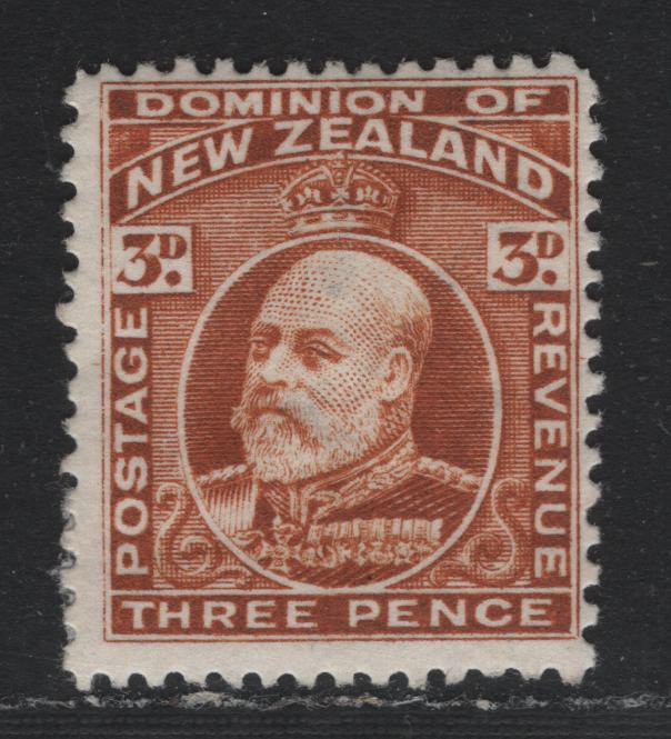 Lot 339 New Zealand SG#395 3d Chestnut , 1909-1916 King Edward VII Issue, A FOG Single, Line Perf 14