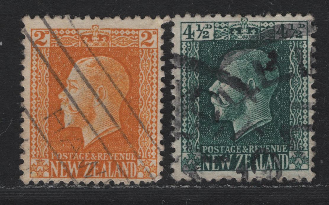 Lot 343 New Zealand SG#418, 423 2d - 4.5d Yellow - Deep Green , 1915-1930 Perkins Bacon KGV Engraved Sideface Issue, 2 Fine Used Singles, Comb Perf 14x13.5, 4.5d Has A Light Diagonal Crease, Both Values Much Scarcer Used Than Mint