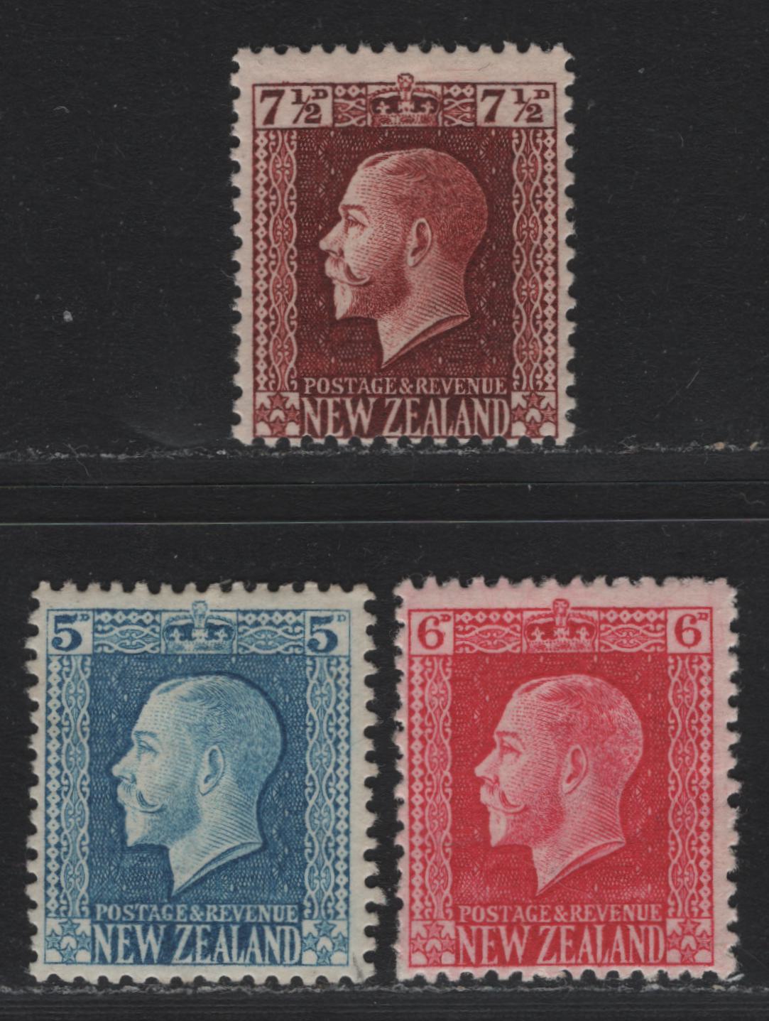 Lot 345 New Zealand SG#424-426 5d - 7.5d Light Blue - Red Brown , 1915-1930 Perkins Bacon KGV Engraved Sideface Issue, 3 FOG Singles, Comb Perf 14x13.5