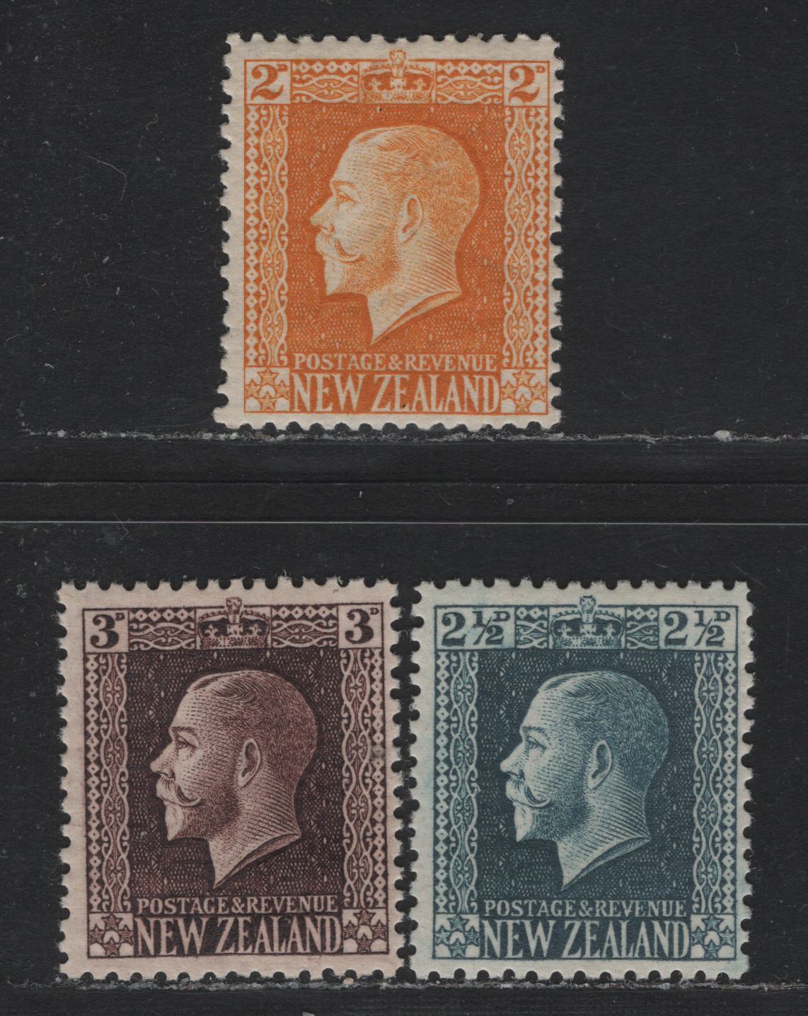Lot 349 New Zealand SG#418a, 419a, 420b 2d - 3d Yellow - Chocolate , 1915-1930 Perkins Bacon KGV Engraved Sideface Issue, 3 FOG Singles, Perf 14x14.5