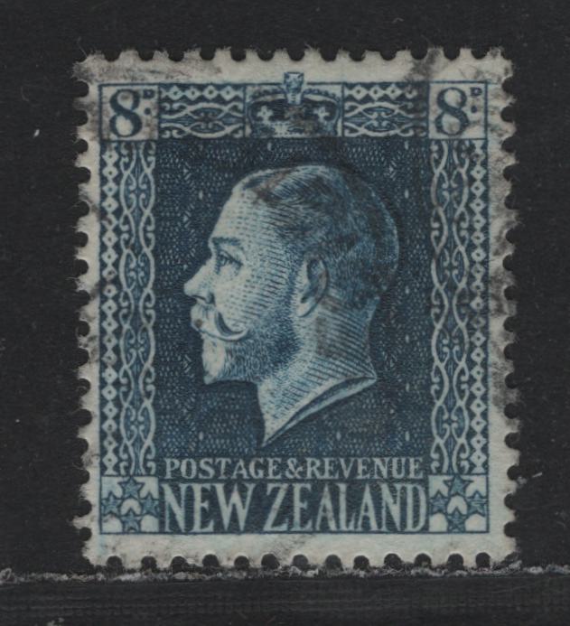 Lot 351 New Zealand SG#427a 8d Indigo Blue , 1915-1930 Perkins Bacon KGV Engraved Sideface Issue, A Very Fine Used Single, Perf 14x14.5, Scarce Postally Used Example, This Value Is Much Scarcer Used Than Mint.
