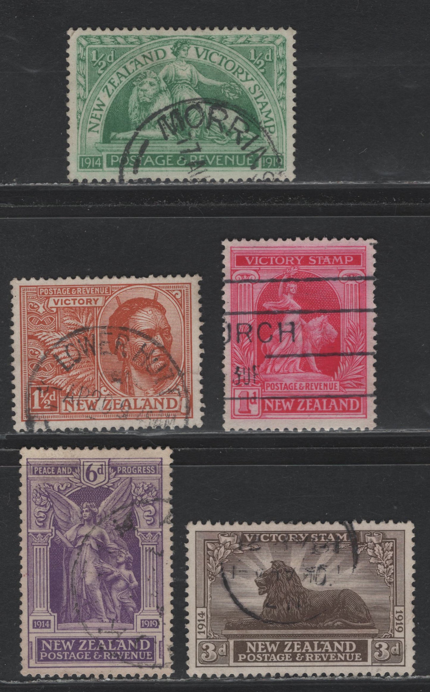 Lot 352 New Zealand SG#453, 454a, 455-457 1/2d - 6d Green - Violet , 1920 Victory Issue, 5 Fine/Very Fine Used Singles, 3d Has A Very Light Diagonal Crease