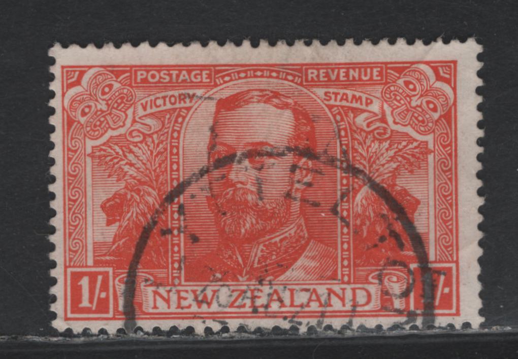 Lot 353 New Zealand SG#458 1/- Orange Red , 1920 Victory Issue, A Fine Used Single, Light Wrinkles